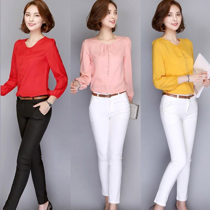 เสื้อเชิ้ตผ้้าชีฟอง-แขนยาว-แฟชั่นสตรีสไตล์เกาหลี-เสื้อผ้าแฟชั่นผู้หญิง-x1
