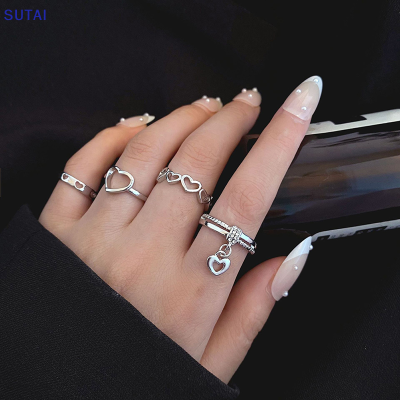 💖【Lowest price】SUTAI แหวนเงิน4ชิ้น เซ็ตแหวนเปิดหัวใจโรแมนติกรักสำหรับผู้หญิงของขวัญงานแต่งงานเครื่องประดับที่ดี