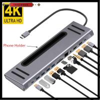 FAHEEMIDEN 12 in 1 อะแดปเตอร์ แจ็ค3.5มม ที่วางโทรศัพท์ Pd ชาร์จ แท่นวาง 4K HDMI คู่ กิกะบิตอีเธอร์เน็ต ฮับ USB Type-C