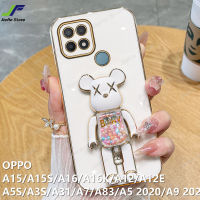 JieFie ของเล่นน่ารักหมีสำหรับ OPPO A15 / A15S / A16 / A17 / A12 / A5S / A5 2020 / A9 2020 / A3S / A7 / A16K / A12E / A31 / A83 สแควร์ Chrome-Plated Soft เคสโทรศัพท์ TPU + ขาตั้ง