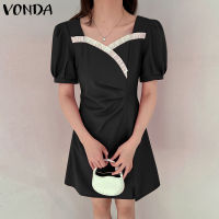 VONDA ชุดกระโปรงแบบสั้นมินิปาร์ตี้คอวีสีทึบแขนพองสำหรับวันหยุดของผู้หญิง (สาเหตุจากเกาหลี) [ลดล้างสต๊อก]