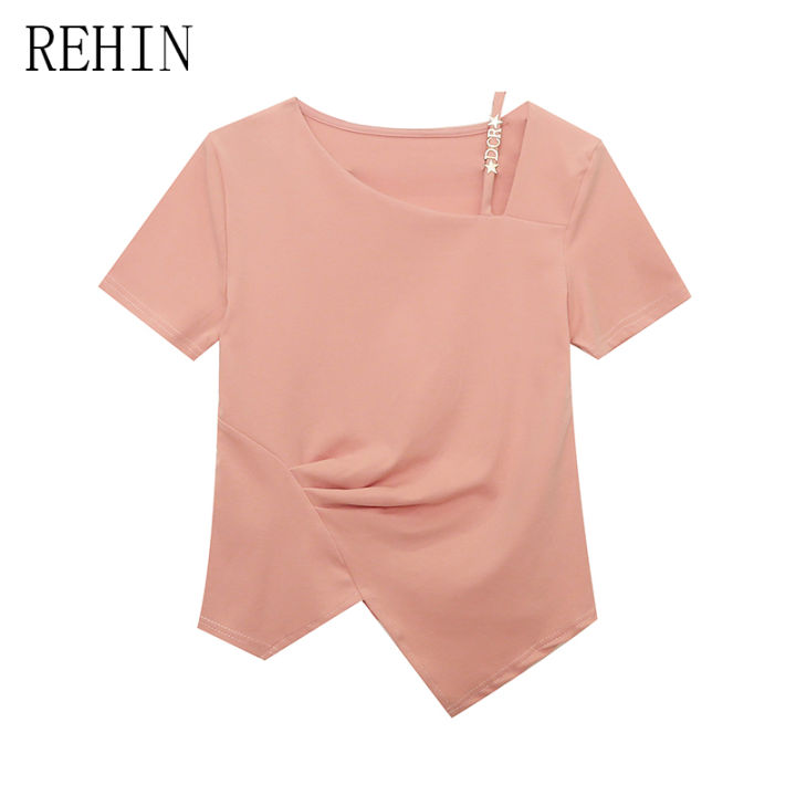 rehin-เสื้อยืดแขนสั้นสำหรับผู้หญิง-ใหม่เสื้อยืดแขนสั้นเสื้ออเนกประสงค์เข้ารูปแยกแนวยุโรปดีไซน์แฟชั่นฤดูร้อน
