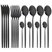 อาหารค่ำมีดส้อมช้อนกาแฟอาหารเย็นชุดช้อนส้อม16ชิ้นสีดำ Flatware ชุดครัวสแตนเลสเครื่องเงินชุดบนโต๊ะอาหาร