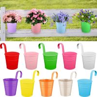 10 Colors Metal Wall Hanging Flower Pots Railing Hanging Planter with Drain Hole for Home Garden Yard Balcony Plant Supplies