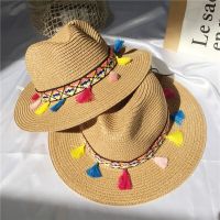 Fashion Ethnic Style Tassel Straw Hat Summer Womens Travel Sunshade Beach Vacation Jazz Top Hat Mens Western Cowboy Bucket Cap