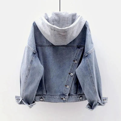 Blue Deconstructable Hooded Turn-down Collar Denim Jacket Women Loose Button Patchwork Outwear Large Size Jean Coat Female