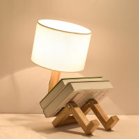 LED Night Light Robot Shape Wooden Table Lamps Modern Cloth Wood Desk Lamp Vintage Bedside Indoor Study Nightstand Bedroom Decor