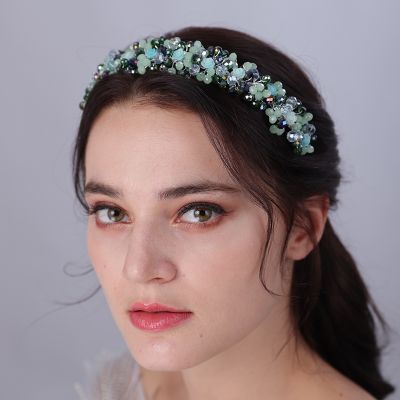 【YF】 Vintage Green Crystal Floral Bridal Crown Headband Handmade Wedding Hair AccessoriesTrendy Flower Women Party Headpiece Tiaras