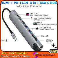 ฮับ USB 8-In-1ตัวแปลงแบบหลายพอร์ตอะแดปเตอร์3.1-4K RJ45ตัวอ่านบัตร TF PD ชาร์จเร็วใช้ได้กับ MacBook