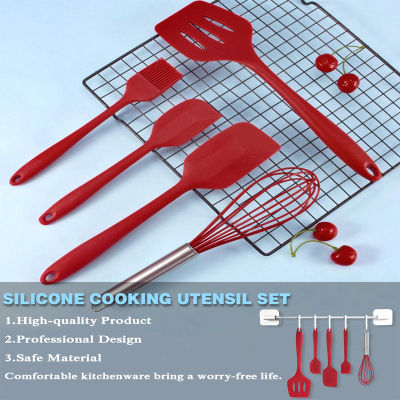 5Pcs Red Silicone Spatula Set Cooking Brush Silicone Slotted Whisk Turner Nonstick Silicone Cooking Utensils Cooking Baking Tool