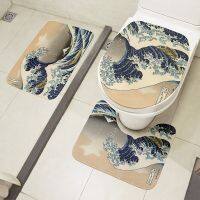 【LZ】 3Pcs Bath Mat Set Toilet Cushion Cover Japanese Ukiyo-e Wave Art Non-slip Floor Mat Flannel Shower Room Rugs Absorbent Carpet