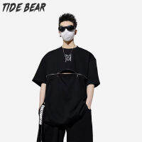 TIDE BEAR เสื้อยืดทรงหลวมสำหรับผู้ชายมีซิปโลหะแหวกแนวและพิมพ์ลายของเหลว