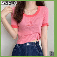 ANRUO ฉบับภาษาเกาหลีแขนสั้นเข้ารูปผู้หญิง,เสื้อถักส่วนล่างใหม่ฤดูใบไม้ผลิ2023สีชมพูเสื้อเอวลอยเอวสูง