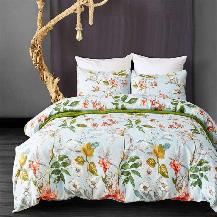 ผ้าคลุมเตียงขนาดใหญ่พิมพ์ลายใบไม้ปลอกผ้านวมดอกไม้ผ้าไมโครไฟเบอร์แบบนุ่มปลอกหมอน2ใบ