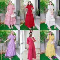 B17468 	แม็กซี่เดรสยาวผูกโบว์คอหลัง ผูกเอวแต่งระบาย 3 ชั้น Long maxi dress with bow at the back 3 layers of ruffled waist tie