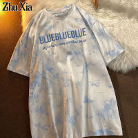 Zhu Xia เสื้อยืดแขนสั้นลายปักเน็กไทตัวอักษร,เสื้อผ้าคู่รักหลวมขนาดใหญ่สไตล์เกาหลีใหม่