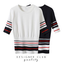 tb ice silk knitted sweater short-sleeved t-shirt womens summer new light luxury style hit color stripes slim fit thin top thin