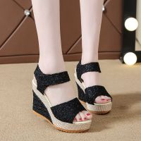 In the summer of 2023 the new Europe and the United States wedges fish mouth high-heeled sandals female leisure sponge thick bottom Velcro shoes undertakes