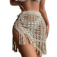 FN946N Beach Mini Skirt Women Beach Skirt Hollow Out High Waist Split Solid Color Tassel Beachwear Knitted Elastic Waist Women