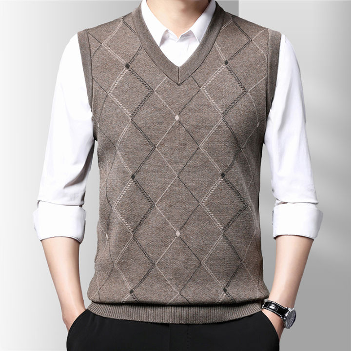 Men's Plaid Vest Men's V-neck Sleeveless Sweater Large Size Knitted ...