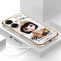 (คลังสินค้าพร้อม) เคสเคสมือถือสำหรับ C55 Realme พร้อมฟรีสายคล้อง + การ์ตูนสาวน่ารักขอบสี่เหลี่ยมชุบเคลือบฝาหลังนิ่ม