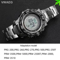 ❉ ★ สายนาฬิกาแท่งสแตนเลสสตีลสำหรับ PRG-260 Casio PRG-550 PRW-3500/2500/5100สายรัดสายนาฬิกาข้อมือสีเงินสีดำ18มม