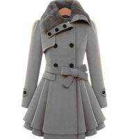 แฟชั่นสตรี Slim Trench Coats Lady Fur Collar Peacoat ฤดูหนาวเสื้อขนสัตว์ Outwear Double Breasted Elegant Coats