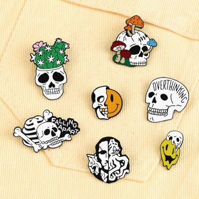 More Punk Style Skull Plant Enamel Pins Mushroom Cactus Potted Plant Brooches Women Men Lapel Pin Badges Jewelry Gift for Friend