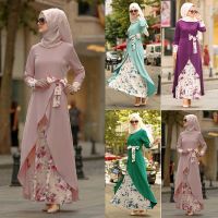 [COD] Muslim Abaya Middle East Dubai Malay Indonesian Print Sleeve Splicing Big Robe