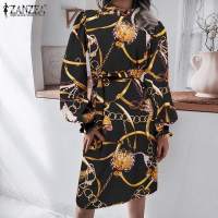 ZANZEA Women Vintage Floral Sundress Autumn Long Sleeve Scarf Printed Midi Dress Elegant OL Work Vestidos Femme Bohemian Dresses