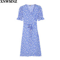 NWMNZ  Fashion Summer V Neck Wrap Midi Dress Sexy Daisy Print Purple Vestidos Retro Short Flare Sleeve Dresses Vintage Robe