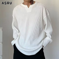 ASRV แขนยาว Crewneck ผู้ชายเสื้อยืดคอวีเทรนด์แฟชั่นเสื้อผ้าบุรุษสีทึบเสื้อเชิ้ตลำลองหลวม