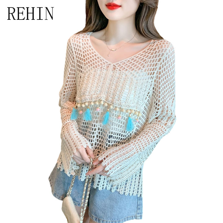 rehin-เสื้อผู้หญิง2023เวอร์ชั่นเกาหลีใหม่ฤดูใบไม้ร่วงแขนยาวคอวีหวานหลวม