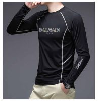 Original Balmain∮ Paris Men S Crew Neck Gym Workout Slim Fit เสื้อยืดแขนยาว Cool DRI Moisture-Wicking Performance เสื้อยืดแขนยาว Tee