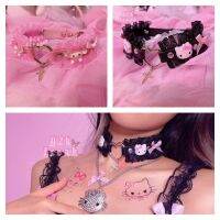 Sanrios My Melody Hellokittys อนิเมะน่ารักสร้อยคอจี้การ์ตูนโลลิต้าลูกไม้โบว์ Pu วัสดุฝรั่งเศส Choker Cewek Seksi สไตล์ Y2k