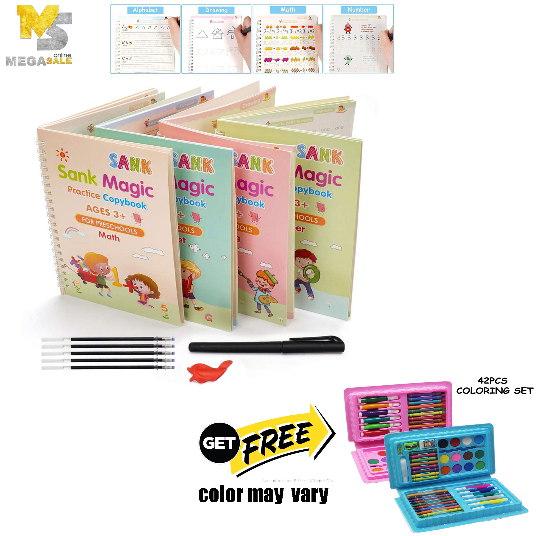 Kids Magic Calligraphy Paper Pen Set,Reusable Practice Copybook with Grid for Beginners Chilren Preschools Learning Letters Numbers,Math and Drawing,4 Different Books with 1 Marker and Refills 