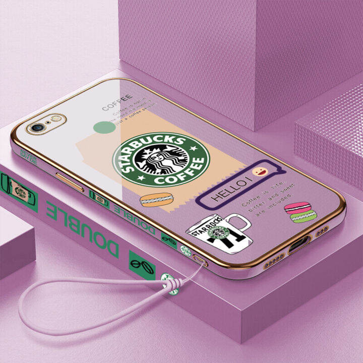 เคสเคสมือถือสำหรับ-iphone-6-plus-6-iphone-6s-พลัส6s-พร้อมฟรีสายคล้อง-แฟชั่น-starbucks-โลโก้ขอบสี่เหลี่ยมชุบเคลือบฝาหลังนิ่ม