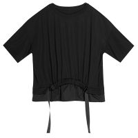 [EAM] Women Black Irregular Ribbon Big Size T-shirt New Round Neck Half Sleeve Fashion Tide Spring Summer  1DD5759