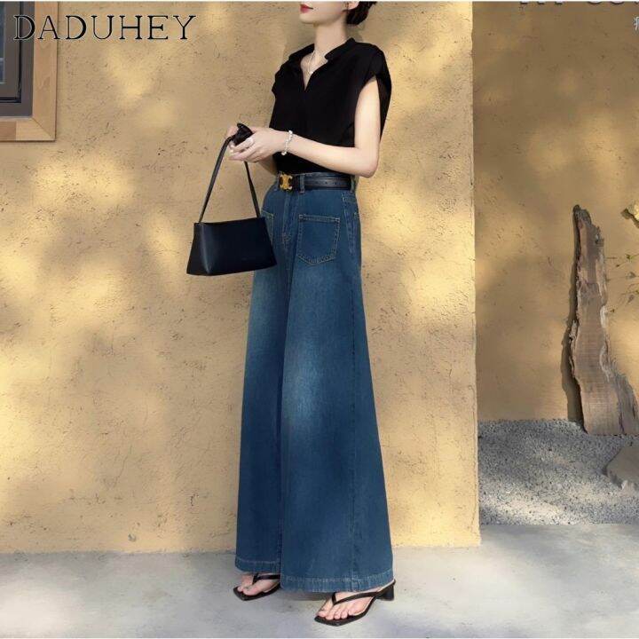 daduhey-womens-korean-style-new-summer-retro-washed-out-jeans-high-waist-wide-leg-loose-dropping-casual-mop-pants