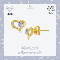 A.CEMI Moonstone-June Birthstone Stud Earring พลอยแท้ มูนสโตน ต่างหูพลอยแท้ มูนสโตน ต่างหูเงินแท้ ชุบทอง 18K