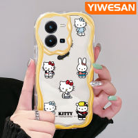 YIWESAN เคสสำหรับ Vivo Y35 5G Y36 5G เคส Y35ทันสมัยลายเฮลโลคิตตี้และกระต่ายสีสันสดใสมีขอบเนื้อครีมคลื่นเคสป้องกันกล้องเคสโทรศัพท์โปร่งใสกันกระแทกซิลิโคนอ่อนชัดเจน