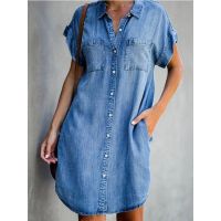 Summer Womens Soild Short Sleeve Slim Denim Dress Turn Down Collar Pocket Long Dresses For Women 2023