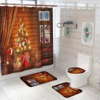 ⊕❂✸ Christmas Print Bathroom Combination Set Shower Curtain Bath Mat Lid Toilet Cover Toilet Pedestal Rug Four-piece