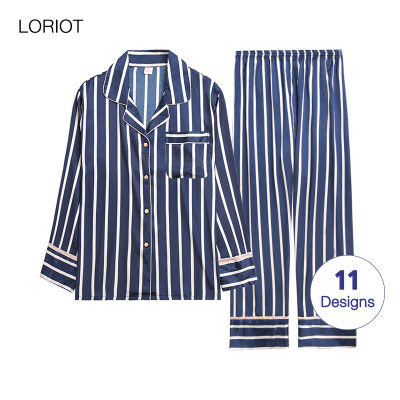 LORIOT Pajama Set For Women Satin Striped Printed Pyjama Nightwear Sleepwear Long Sleeve Sexy Casual Korean SA1031 vmn