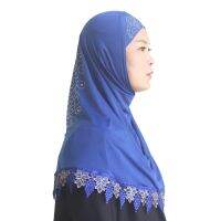 【YF】 Muslim Woman Girls Hijab Scarf One Piece Amira Ice Silk Material Beautiful Lace Diamonds Peacock Pattern Wholesale