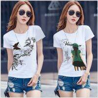 Womens new short sleeve T-shirt, small fresh round collar slim body top pure color fashion leisure printed T-shirt