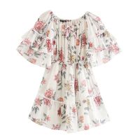 ZZOOI KPYTOMOA Women 2020 Chic Fashion Floral Print Ruffled Chiffon Mini Dress Vintage Slash Neck Short Sleeve Female Dresses Vestidos