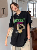 เสื้อยืด oversize KUMIKUMI ลูกสุนัขวินเทจพิมพ์เสื้อยืดแขนสั้น สบาย ๆ