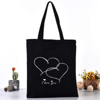 Fashion Women Black Shopping Totes Bag with Love Letter Pattern Shoulder Canvas Travel Bag Shopper Reusable Mom Life Book Bags