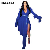 CM.YAYA women long dress solid mesh see-through full flare sleeve v-neck asymmetrical splited dresses sexy vestidos fall 2021